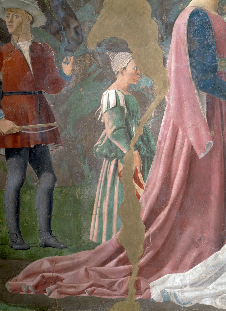 La Leyenda de la Vera Cruz, la Reina de Saba Adorando la Madera de la Cruz (detalle) de Piero della Francesca