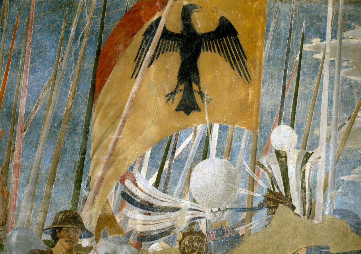 La Leyenda de la Verdadera Cruz, la Victoria de Constantino en la Batalla del Puente Milvio, detalle del estandarte (detalle) de Piero della Francesca