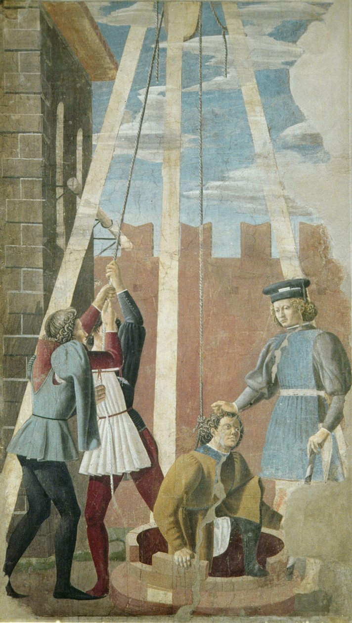 El suplicio del judío: Judas sacado del pozo, del ciclo de la Vera Cruz, completado en 1464 (fresco) de Piero della Francesca