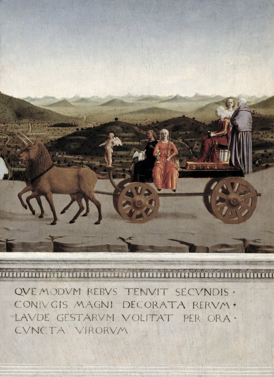 Triunfo de Battista Sforza, duquesa de Urbino. Battista y su doncella, dos Virtudes Teológicas y una monja son llevadas en un carro triunfal por dos unicornios marrones, después de 1472 (detalle) de Piero della Francesca