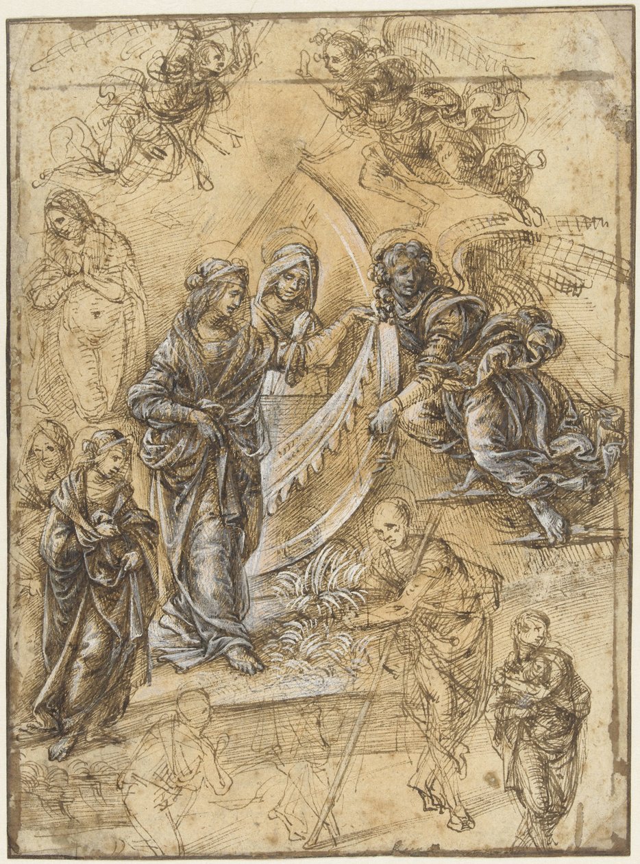 Hoja de estudio con la Virgen María, los santos, los ángeles y las figuras de la Adoración de los Reyes Magos de Piero di Cosimo (attributed to)
