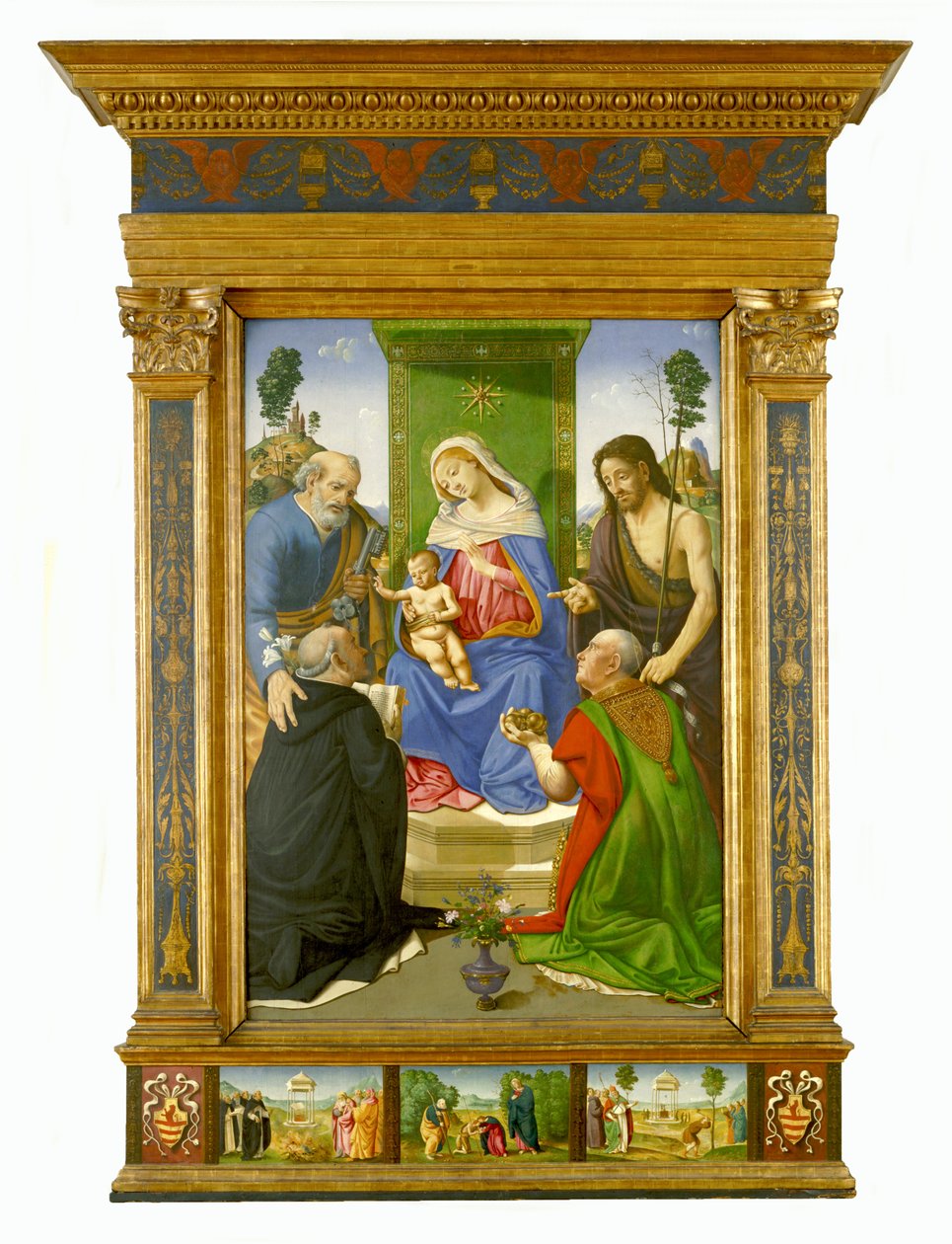 Virgen con el Niño en trono y los santos Pedro, Juan Bautista, Domingo y Nicolás de Bari, c.1481-85 (temple y óleo sobre tabla) de Piero di Cosimo