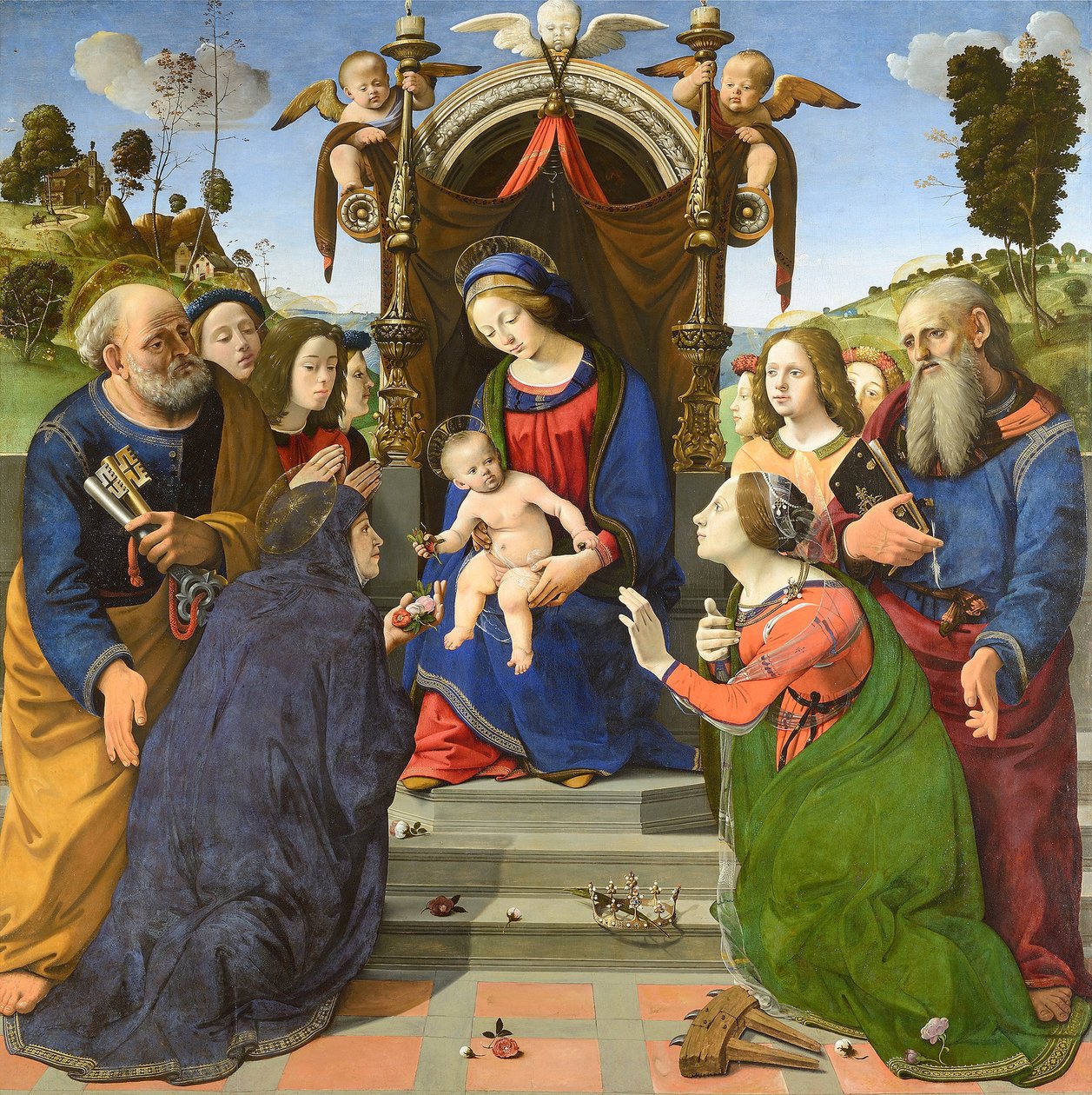 Virgen con el Niño en trono con los santos Pedro, Juan Evangelista, Isabel de Hungría (¿), Catalina de Alejandría y ángeles de Piero di Cosimo