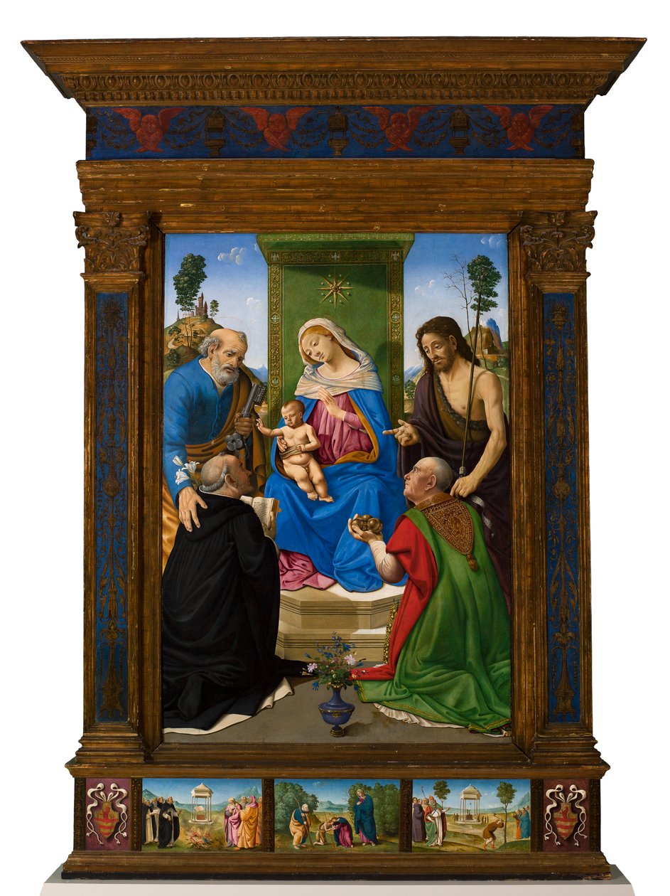 Madonna con el Niño entronizada con los santos Pedro, Juan Bautista, Domingo y Nicolás de Bari de Piero di Cosimo
