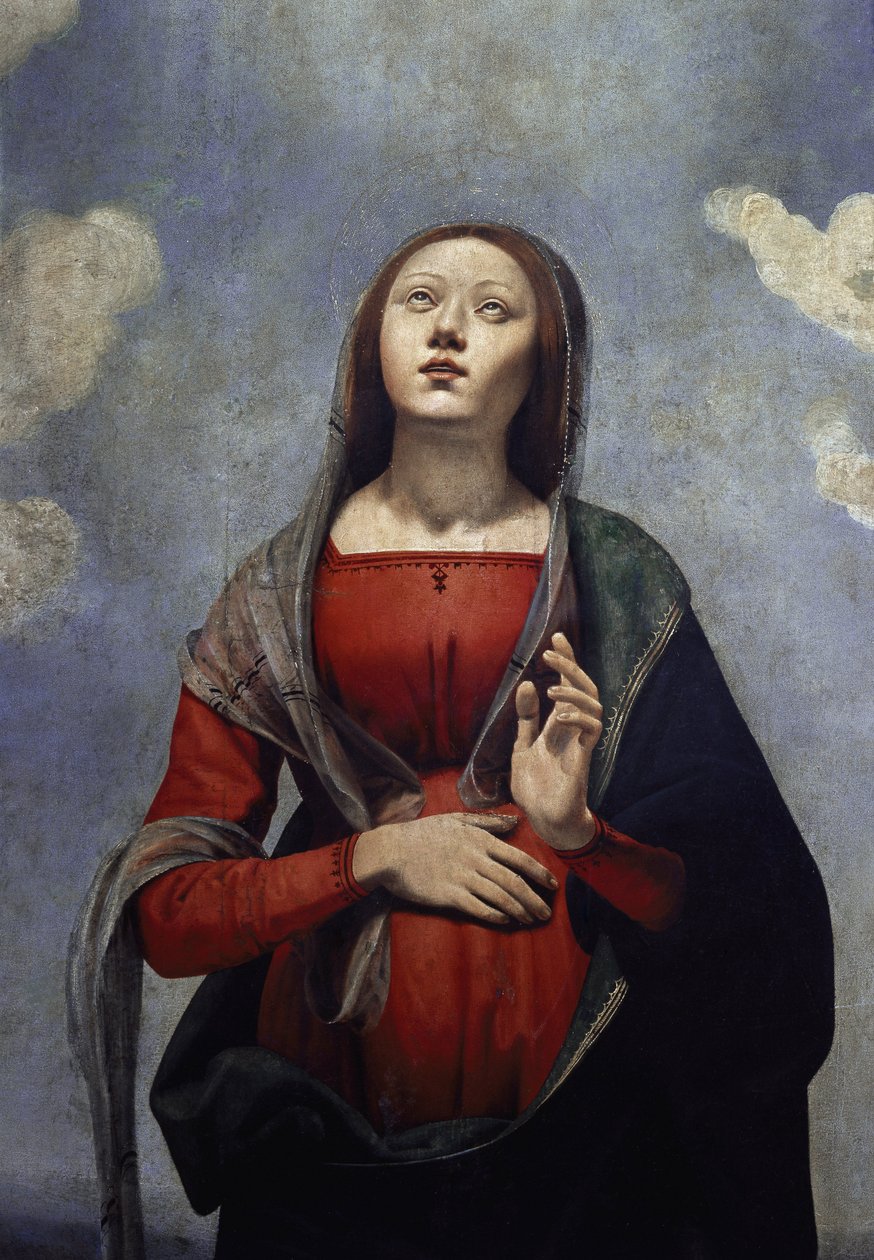 La Virgen María con la paloma del Espíritu Santo sobre ella, rodeada de seis santos. (detalle) (óleo sobre lienzo, c. 1505) de Piero di Cosimo
