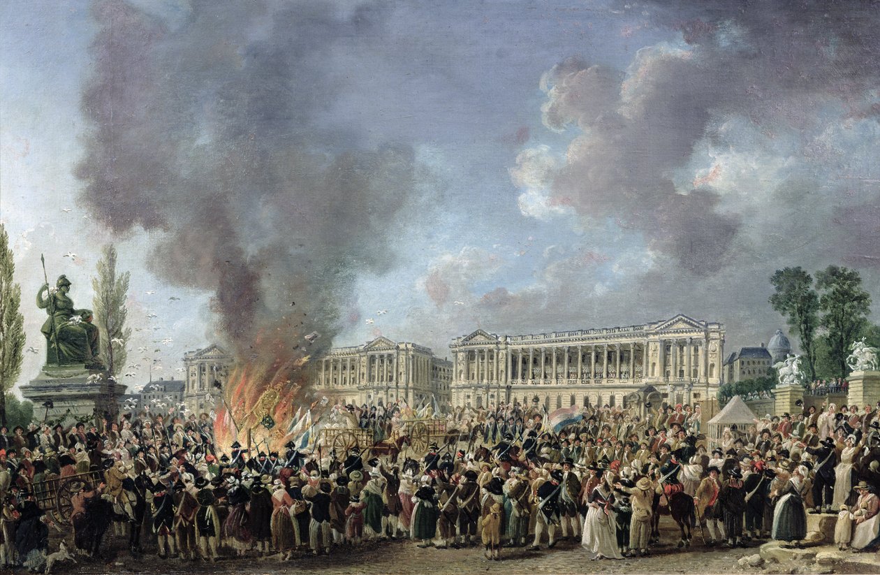 La celebración de la unidad, destruyendo los emblemas de la monarquía, Place de la Concorde, 10 de agosto de 1793 de Pierre Antoine Demachy