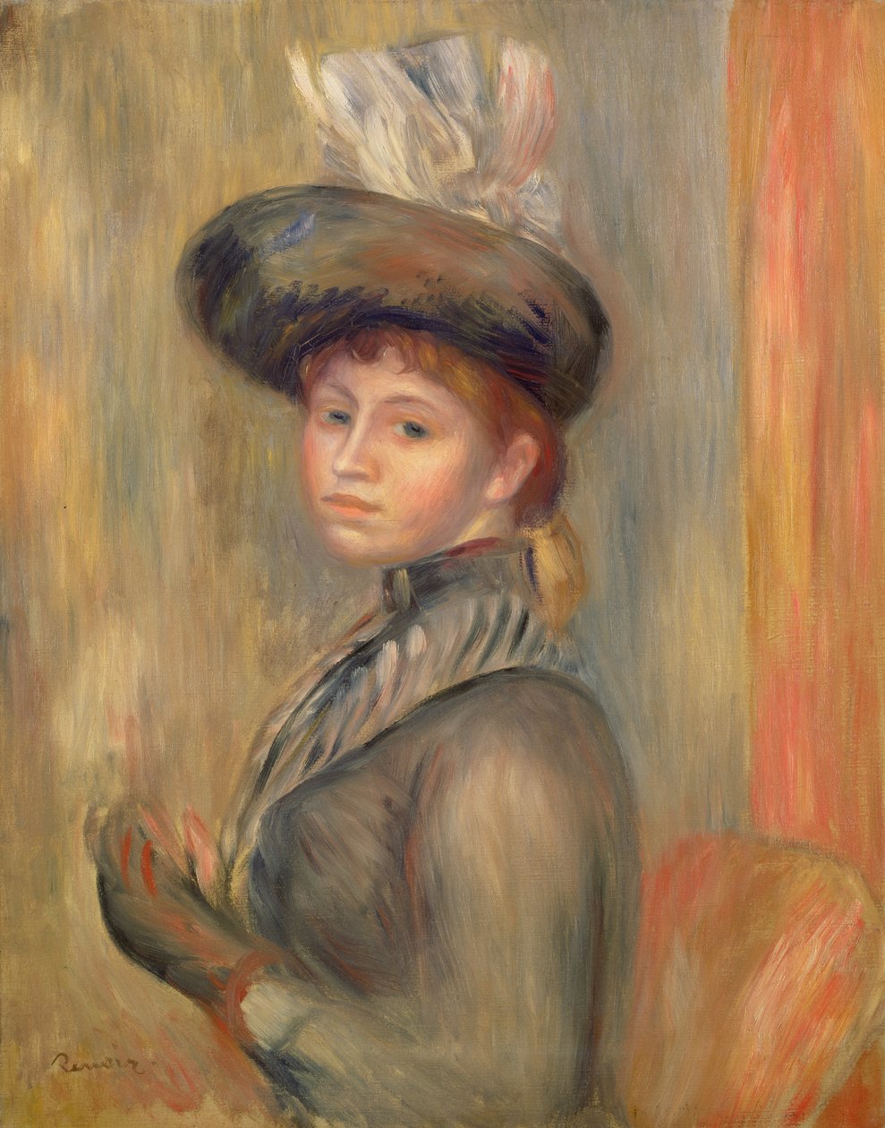 Chica en gris-azul, poniéndose el guante, c.1889 de Pierre Auguste Renoir
