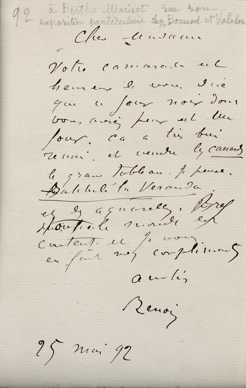 Carta de Renoir a Berthe Morisot (1841-95) sobre su primera exposición, 25 de mayo de 1892 de Pierre Auguste Renoir
