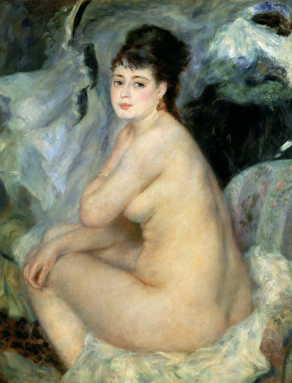 Desnudo, o Desnudo sentado en un sofá de Pierre Auguste Renoir