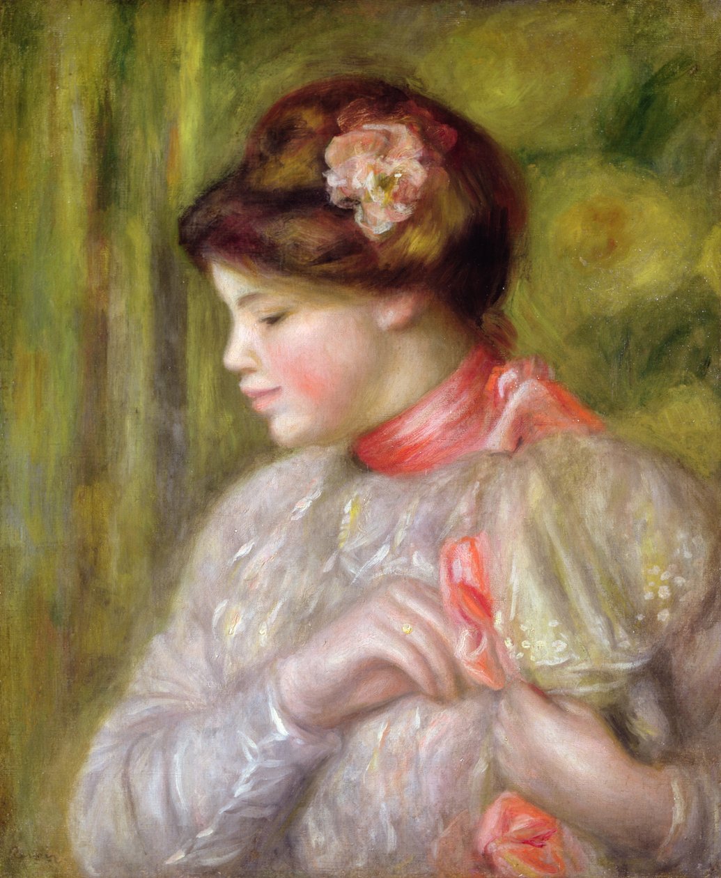 Joven ajustando su blusa de Pierre Auguste Renoir