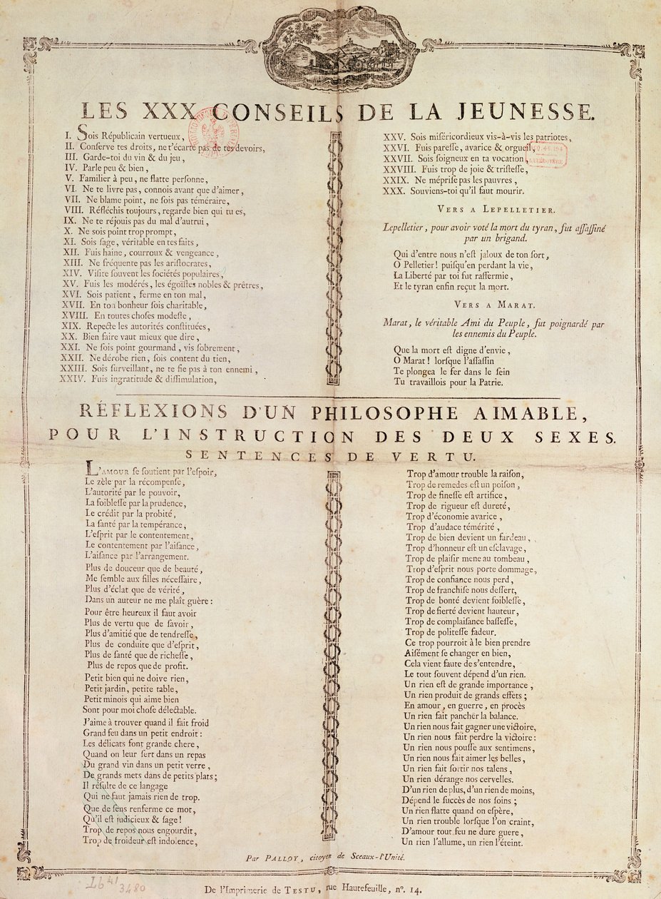 Treinta consejos para los jóvenes: Reflexiones de un filósofo para la instrucción de ambos sexos, 1794 (impresión) de Pierre Francois Palloy