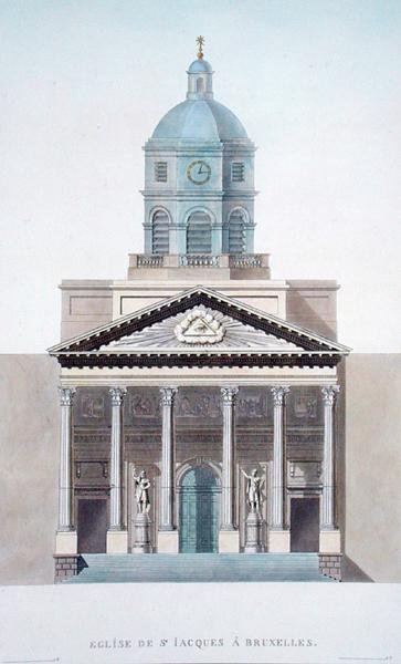 Iglesia de St. Jacques, Bruselas, de Choix des Monuments, Edifices et Maisons les plus remarquables du Royaume des Pays-Bas por Pierre Jacques Goetghebuer, publicado en 1827 de Pierre Jacques Goetghebuer
