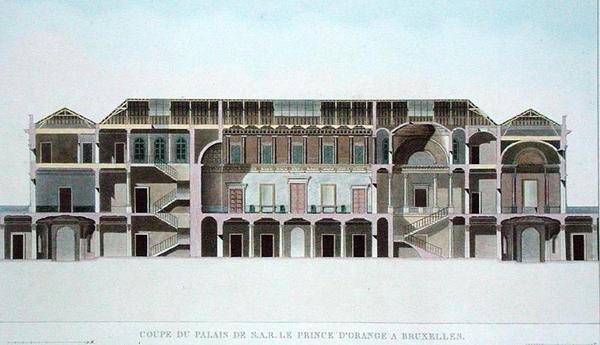 Sección transversal del Palacio del Príncipe de Orange, Bruselas, de Choix des Monuments, Edifices et Maisons les plus remarquables du Royaume des Pays-Bas por Pierre Jacques Goetghebuer, publicado en 1827 de Pierre Jacques Goetghebuer