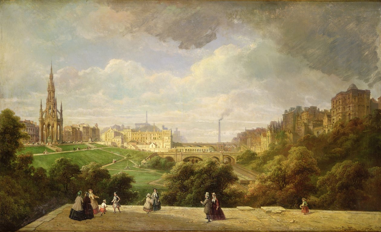 Vista de Edimburgo, el Monumento a Walter Scott de Pierre Justin Ouvrie