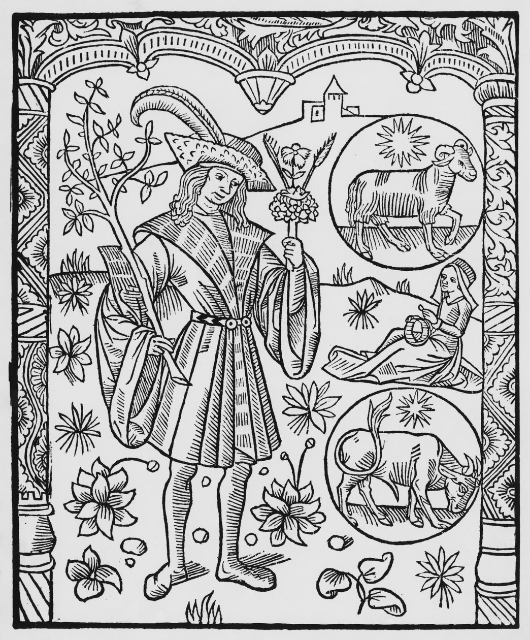 Abril, flores, Aries, ilustración del 