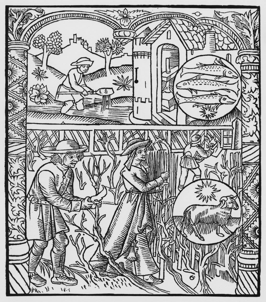 Marzo, pesca y poda de árboles, Piscis, ilustración del 