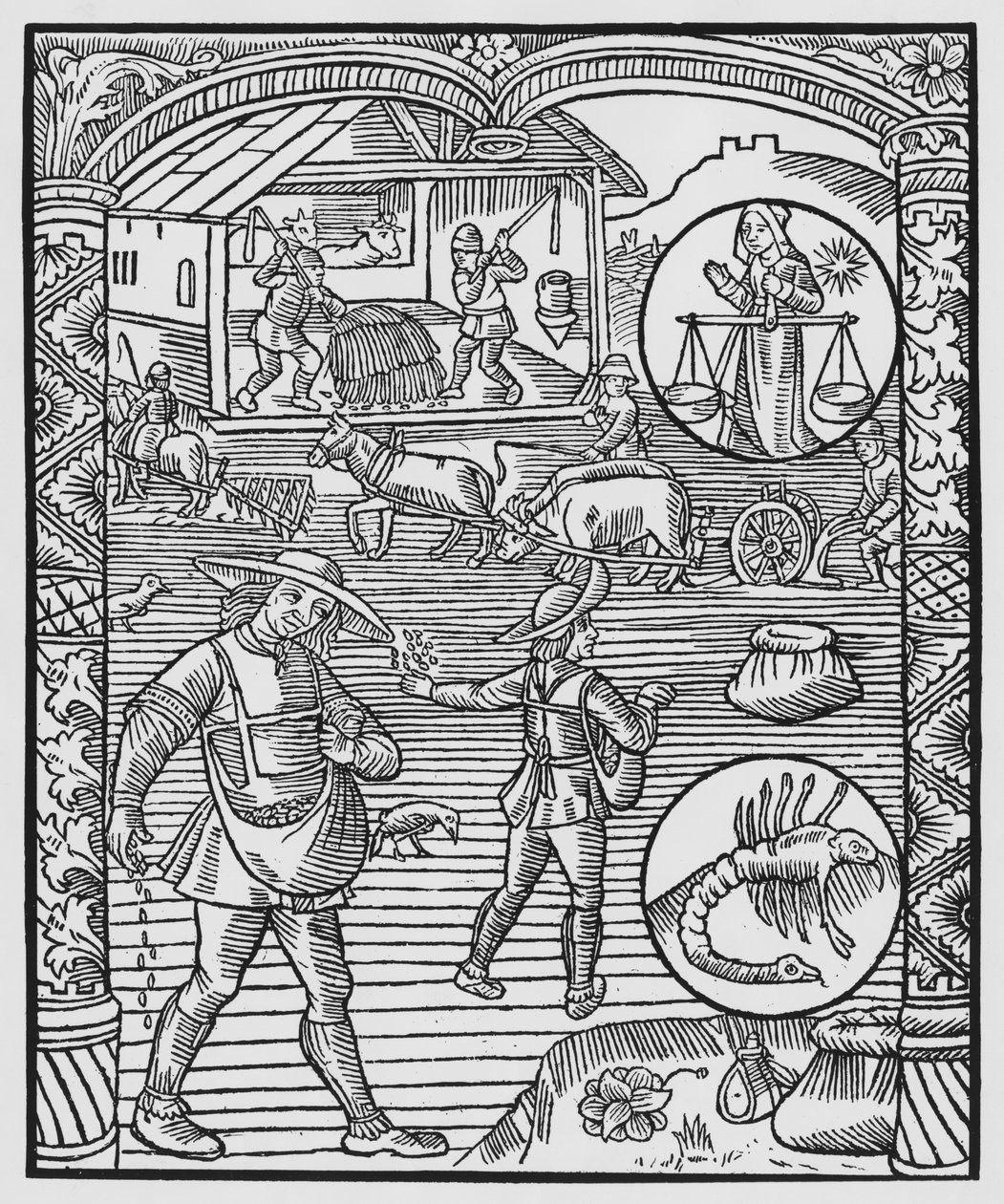Octubre, siembra, arado y trilla, Libra, ilustración del 