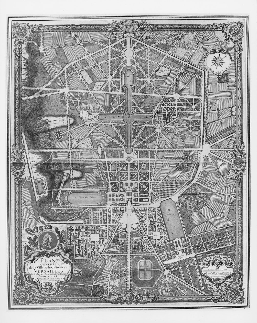 Plano general de la ciudad y el castillo de Versalles, con sus jardines, bosques y fuentes de Pierre Lepautre