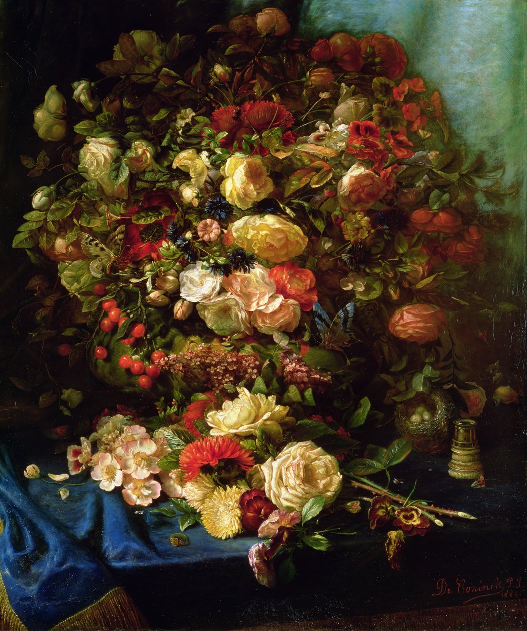 Naturaleza Muerta de Flores en un Alféizar con Nido de Pájaros, 1884 de Pierre Louis de Coninck