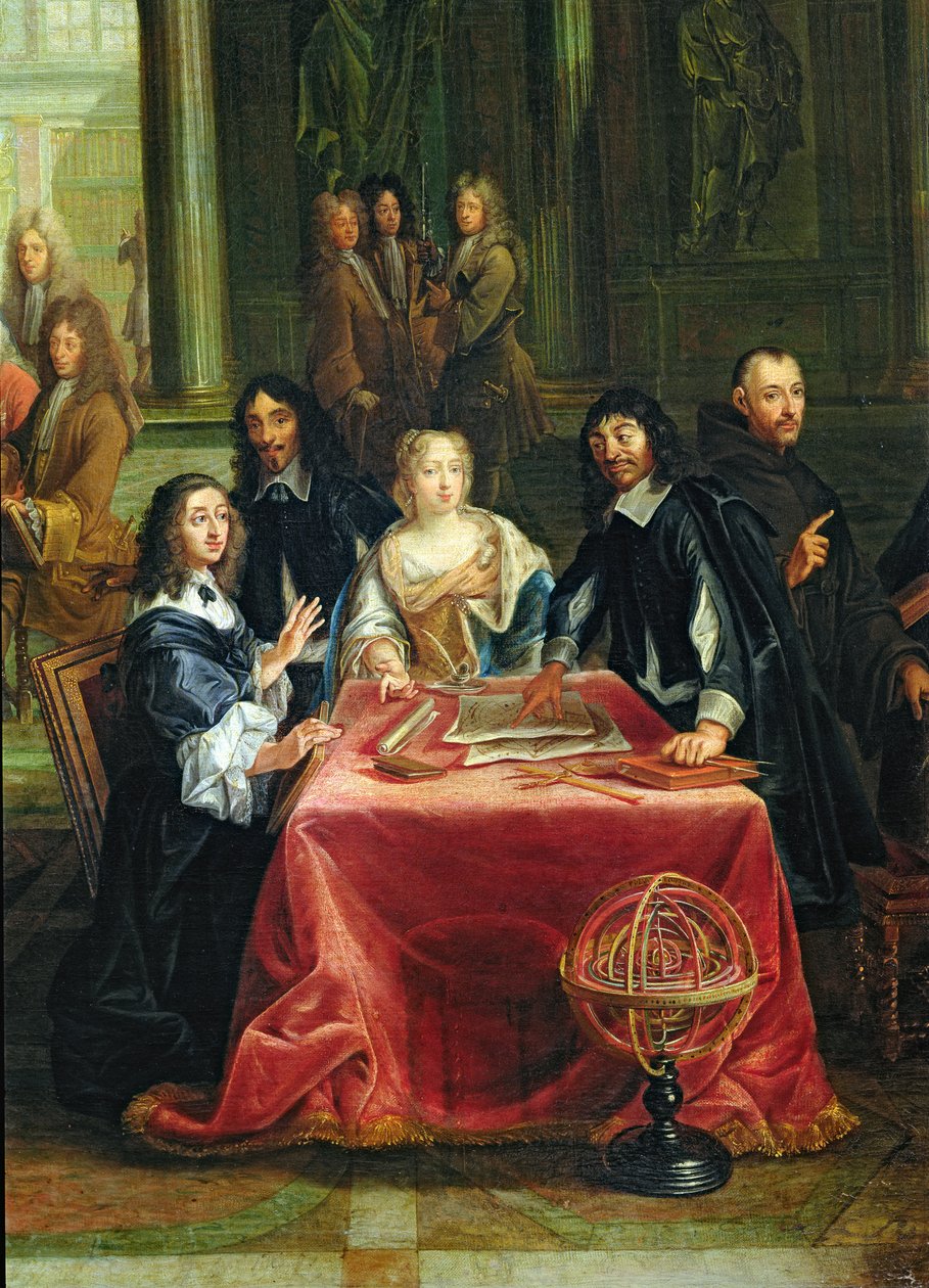 Cristina de Suecia (1626-89) y su corte: detalle de la reina y René Descartes (1596-1650) en la mesa de Pierre Louis the Younger Dumesnil