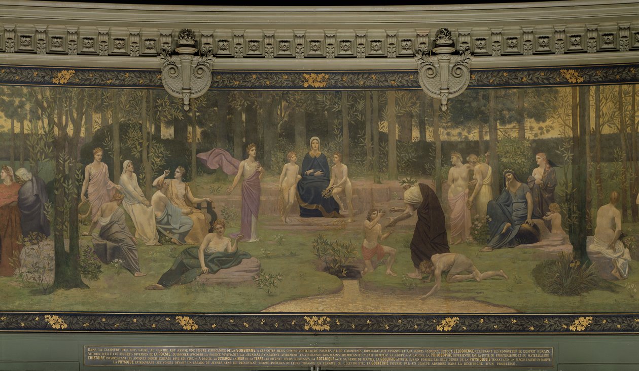 El bosque sagrado, mural alegórico en el Gran Anfiteatro, detalle central de la Sorbona, Elocuencia, Poesía, la Fuente de Vida y Ciencia, 1887-89 de Pierre Puvis de Chavannes