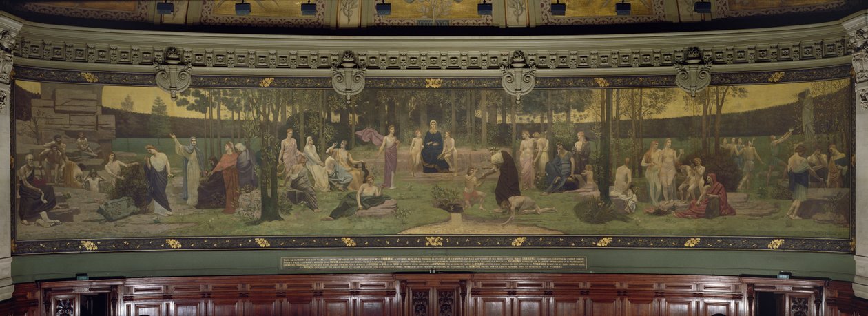 El Bosque Sagrado, mural en el Gran Anfiteatro que representa figuras alegóricas de la Sorbona, Elocuencia, Poesía, Filosofía, Historia, Botánica, Geología, Física y Geometría, 1887-89 de Pierre Puvis de Chavannes