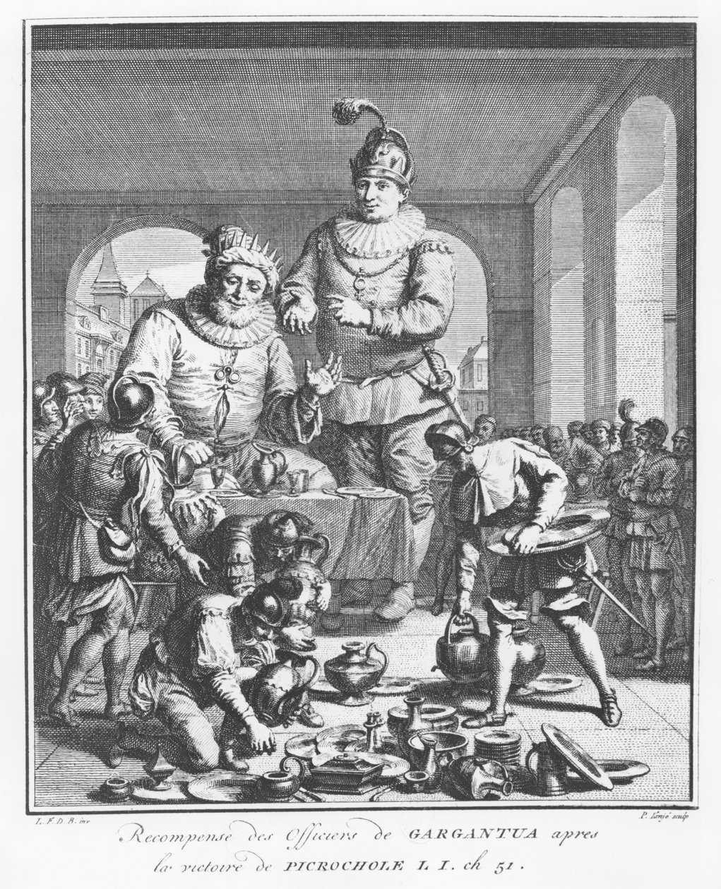 Gargantúa recompensando a los oficiales después de la victoria de Picrochole, ilustración de 
