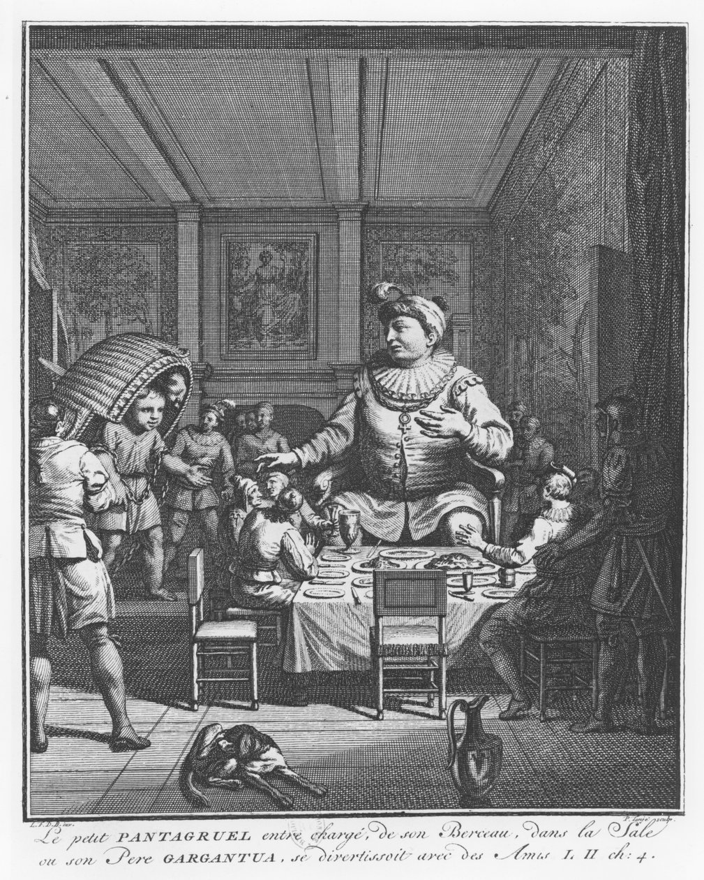 Gargantúa ve a su hijo Pantagruel llevando su cuna, ilustración de 