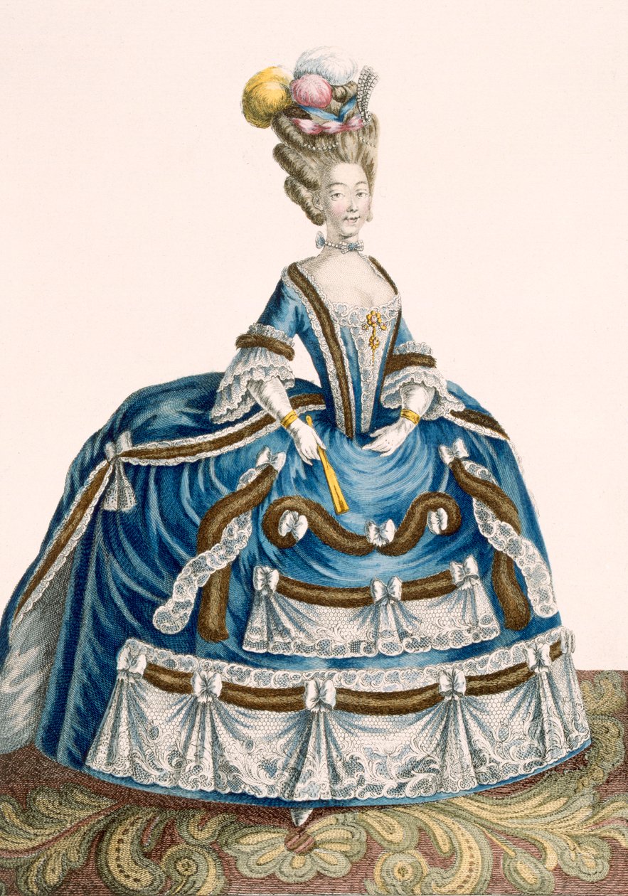 Vestido de corte elaborado para dama, decorado con guirnaldas y encajes, grabado por Voysard, placa no.46 de 