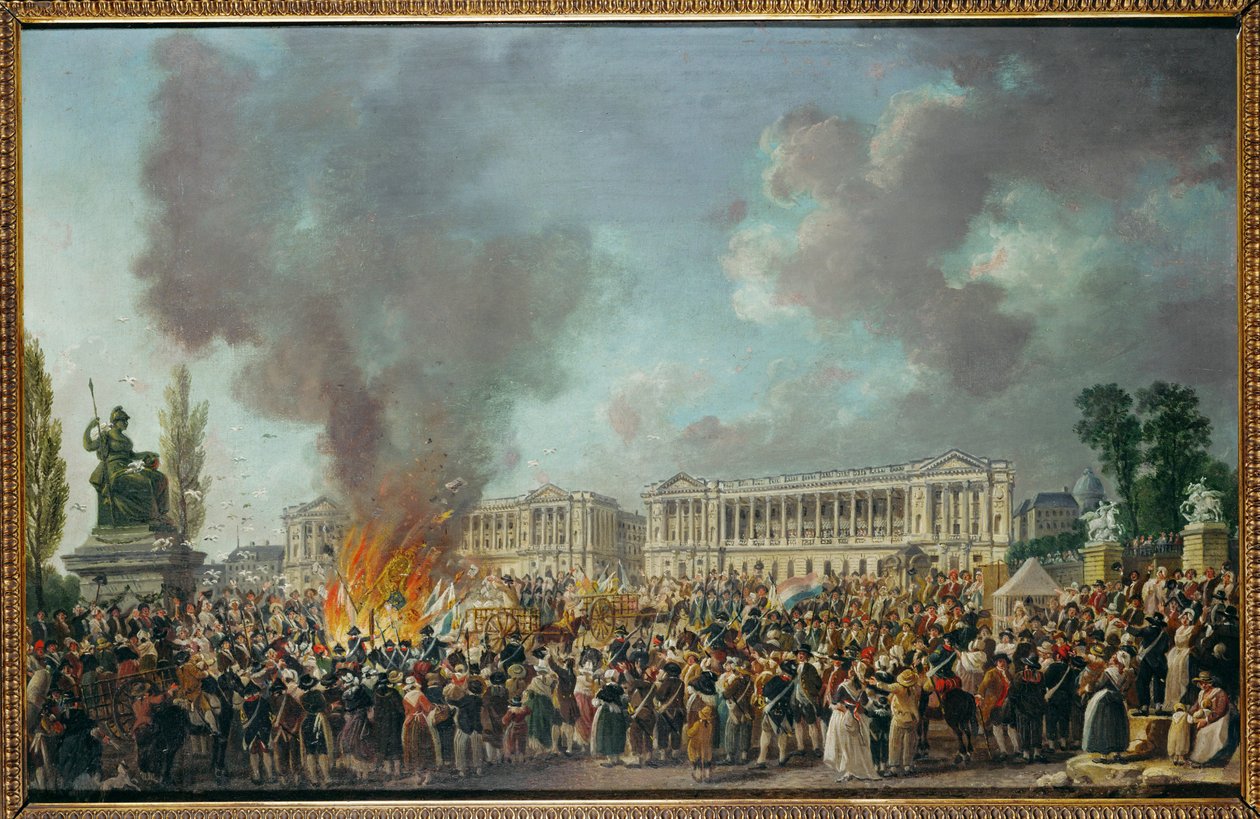 Los emblemas de la monarquía se queman en la Place de la Concorde ... de Pierre Antoine (attr. to) Demachy