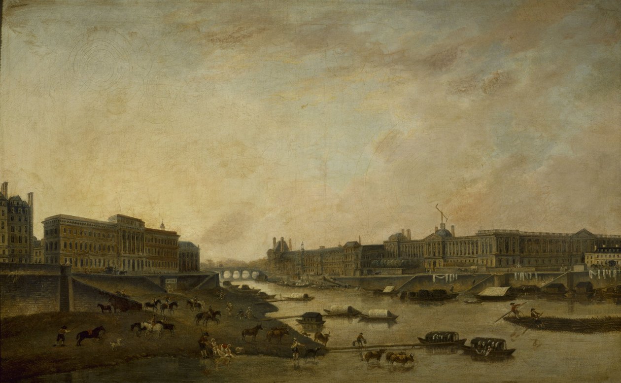 El Hôtel de la Monnaie y el Louvre, vistos desde el Pont-Neuf, hacia 1800, entre 1793 y 1800 (óleo sobre lienzo) de Pierre Antoine Demachy