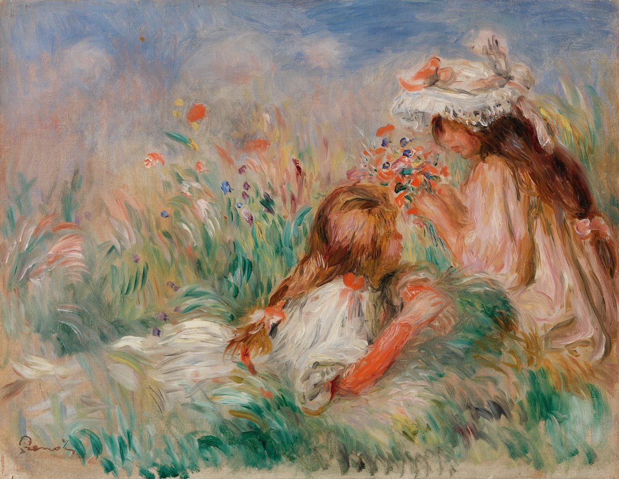 Muchachas en la hierba arreglando un ramo de flores de Pierre-Auguste Renoir