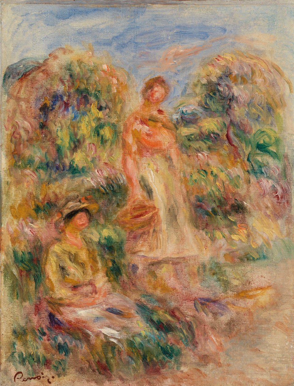 Mujer de pie y mujer sentada en un paisaje de Pierre-Auguste Renoir