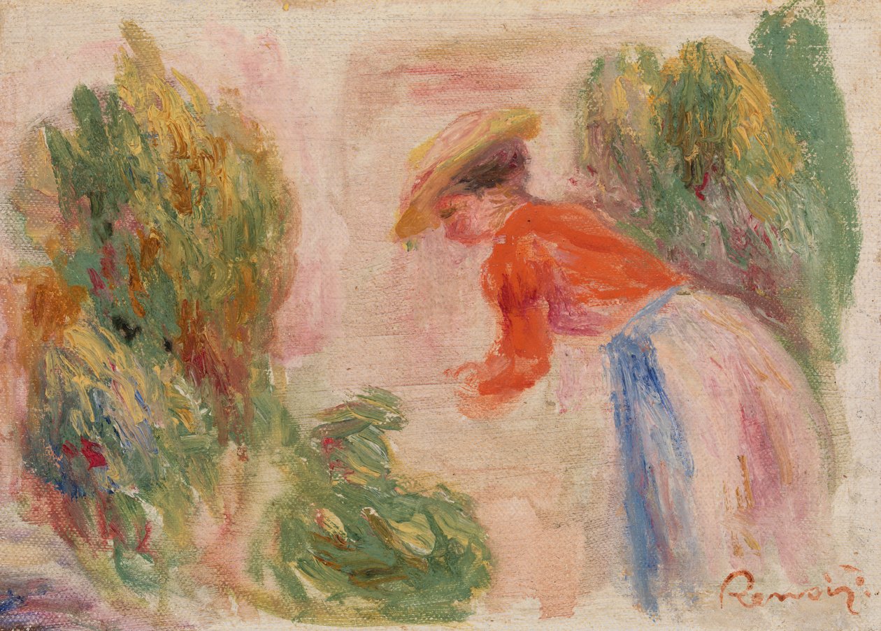 mujer recogiendo flores de Pierre-Auguste Renoir