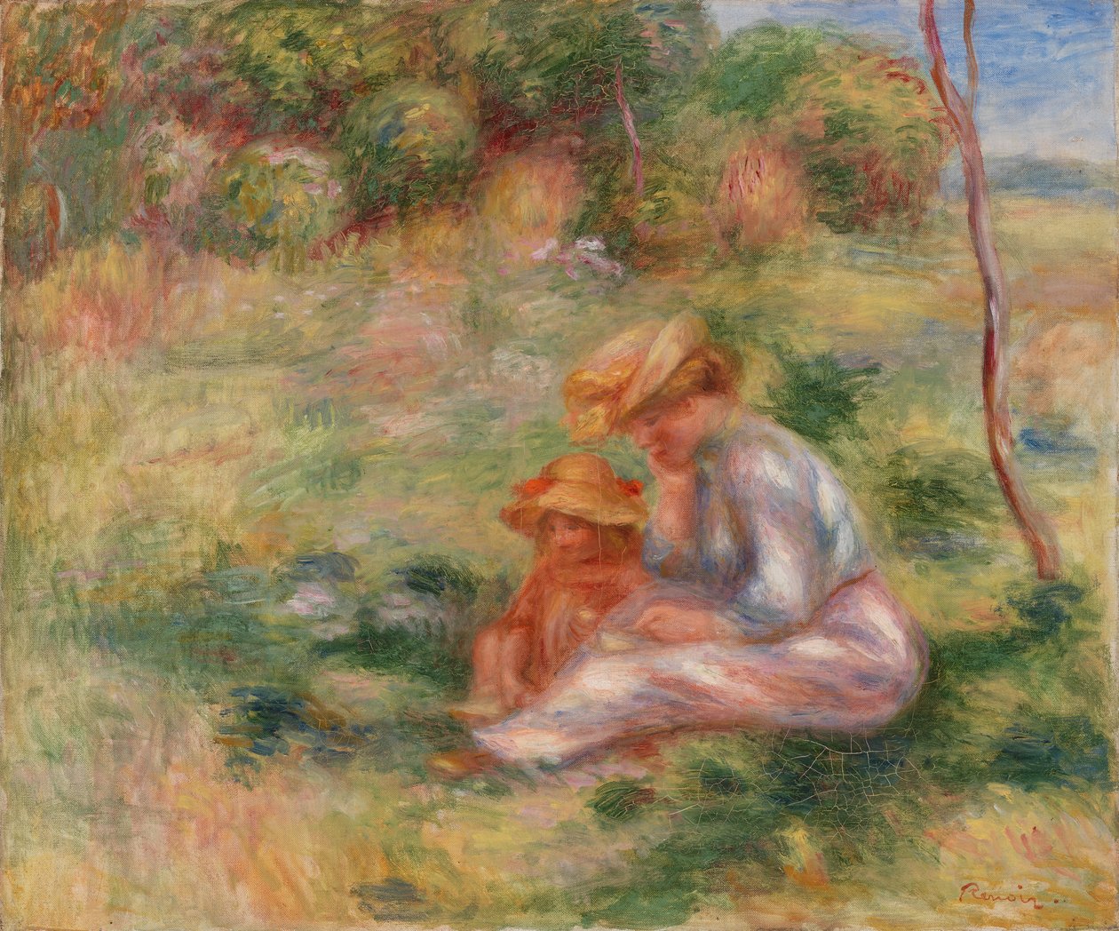 mujer y niño en la hierba de Pierre-Auguste Renoir