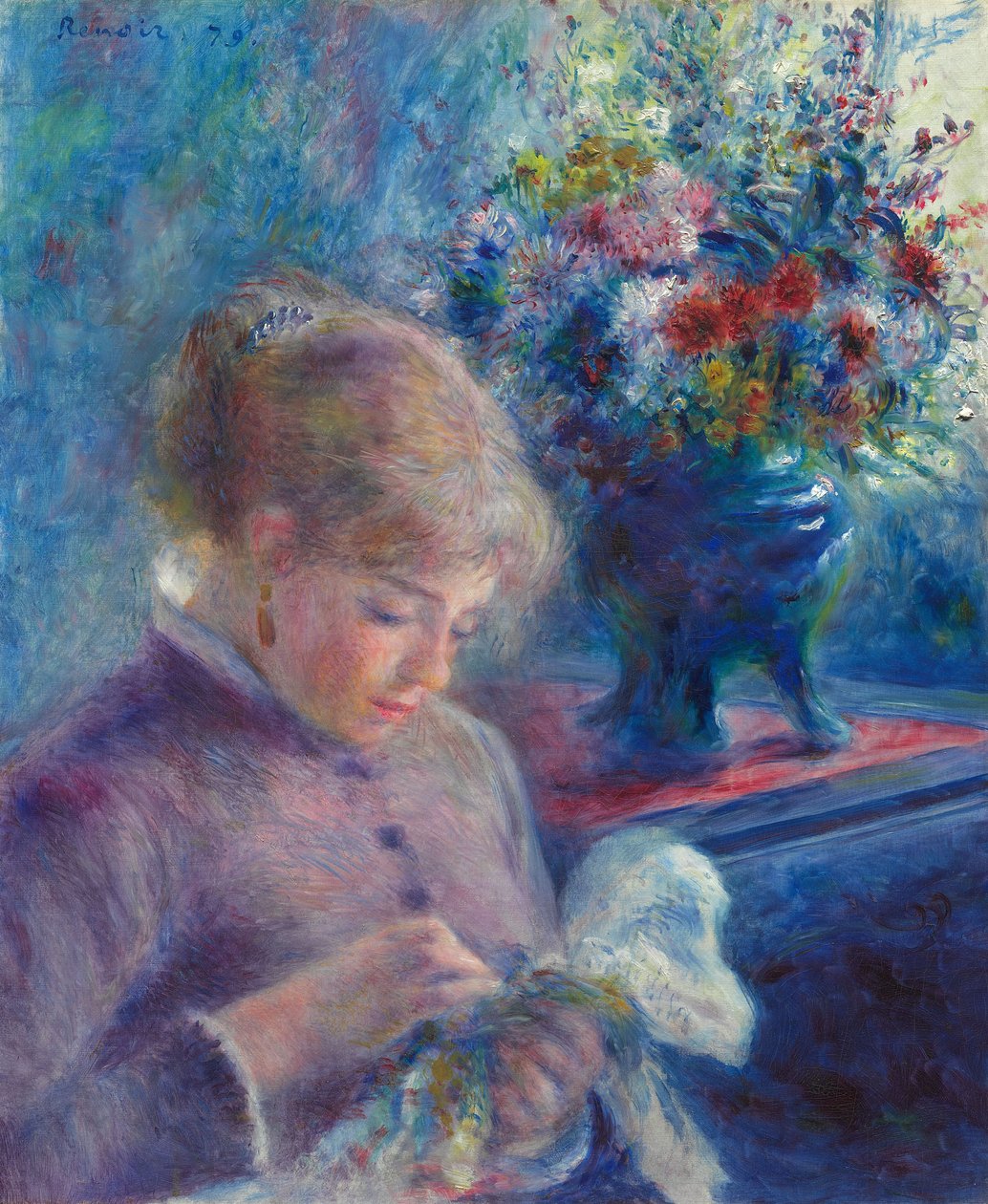 Mujer joven cosiendo de Pierre-Auguste Renoir