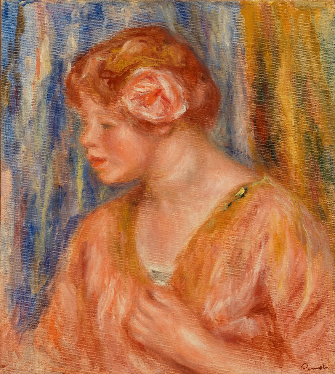 mujer joven con rosa de Pierre-Auguste Renoir