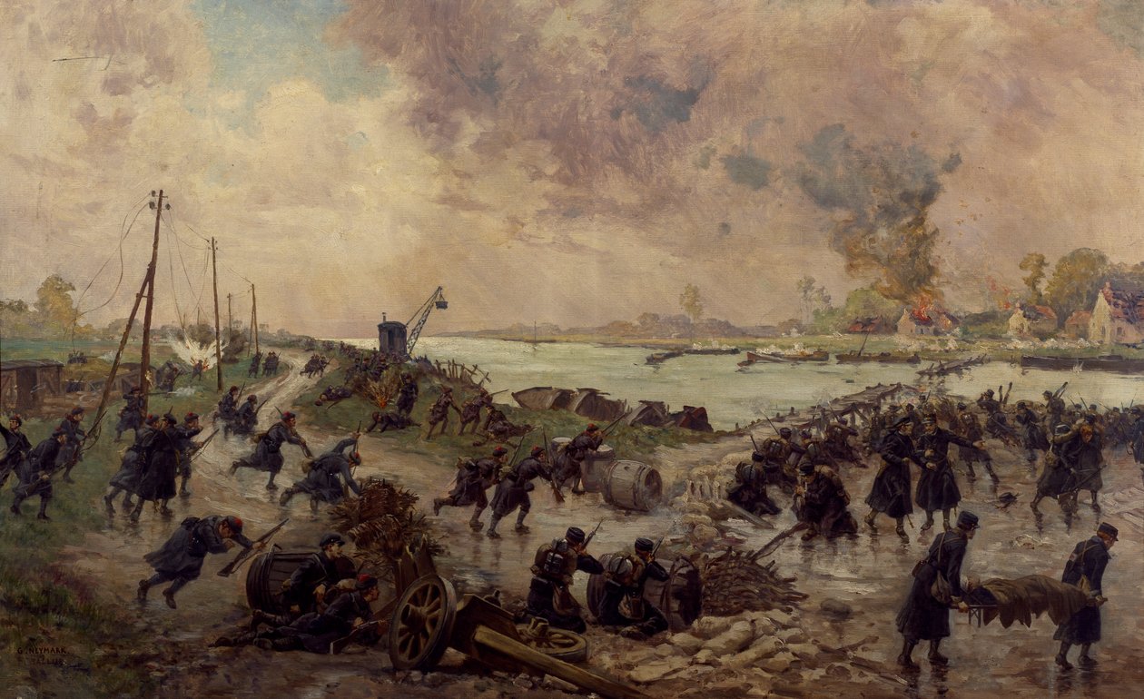 Tropas belgas en combate en el Yser, octubre de 1914, Primera Guerra Mundial, Bélgica, siglo XX de Pierre Ernest and Neymark Gustave Ballue
