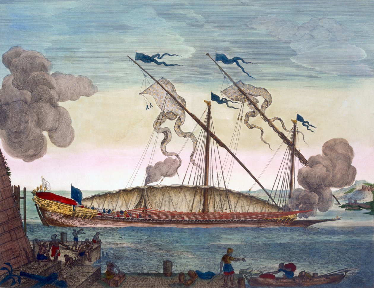 Una galera real (española o portuguesa) remada por esclavos, disparando una señal, de "Le Naptune Francois", c.1693-1700 (grabado coloreado a mano) de Pierre (1661 1711) Mortier
