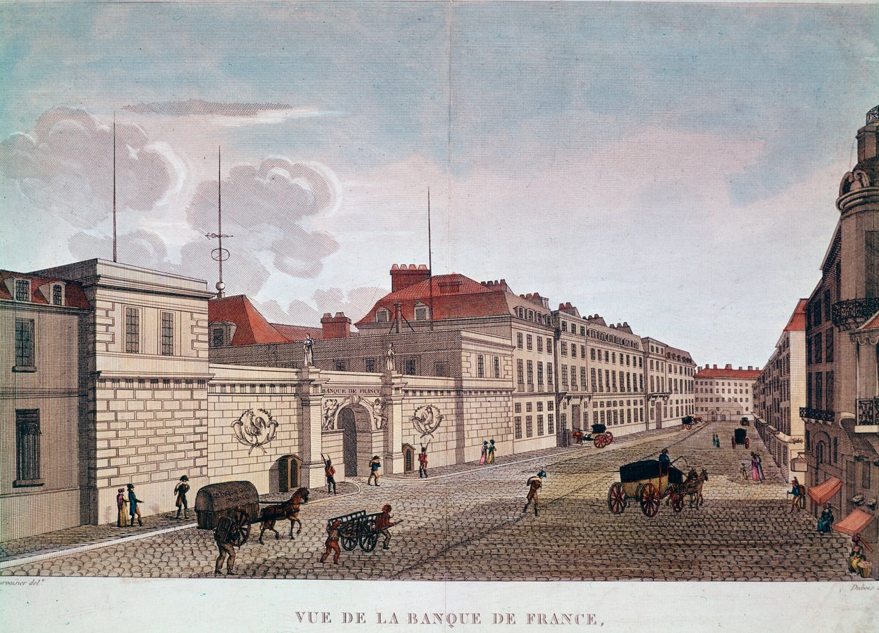 El Banco de Francia desde la Rue Croix-Petits-Champs en París (grabado) de Pierre (after) Courvoisier