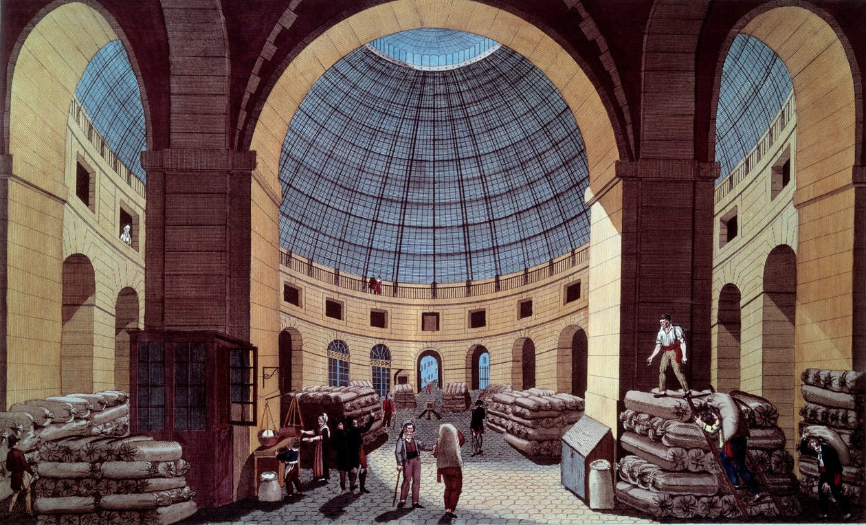 Vista de la Halle au blé, ubicada en el actual Hotel de Soissons (Bolsa de Comercio) en París. Grabado de Guiguet después de Pierre Courvoisier (1756-1804) siglo XVIII. París, B.N. de Pierre (after) Courvoisier