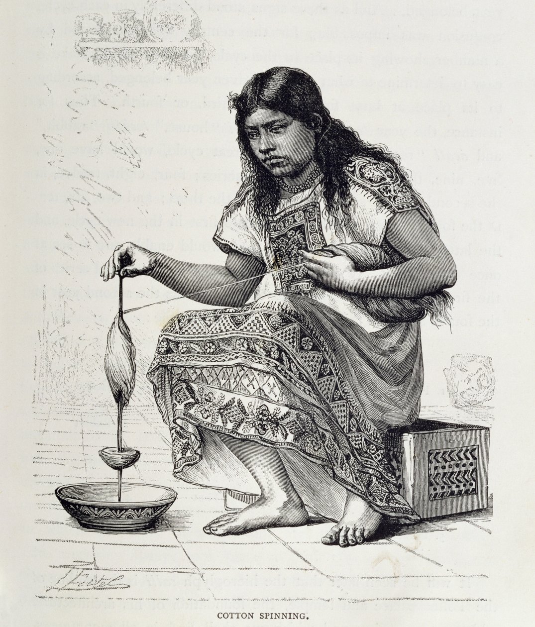 Hilado de algodón, de "Las antiguas ciudades del Nuevo Mundo", de Claude-Joseph-Desire Charnay, pub. 1887 (grabado) de Pierre (after) Fritel