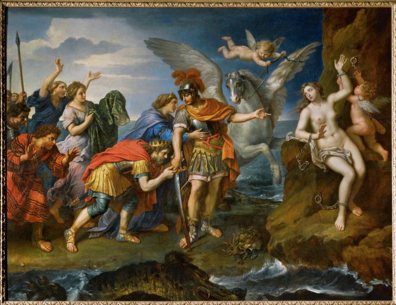 La reina y el rey de Etiopía agradecen a Perseo la liberación de su hija Andrómeda ... de Pierre (follower of) Mignard