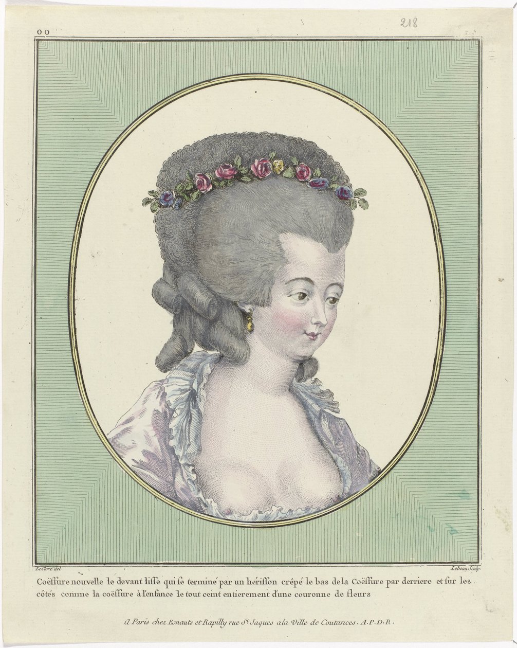 Coiffures, Pufs, Sombreros y Gorros: Once Coiffures y Tocados
Gallerie des Modes et Costumes Français, 1781, oo 218 : Coëffure nouvelle le devant (...) de Pierre Adrien Le Beau