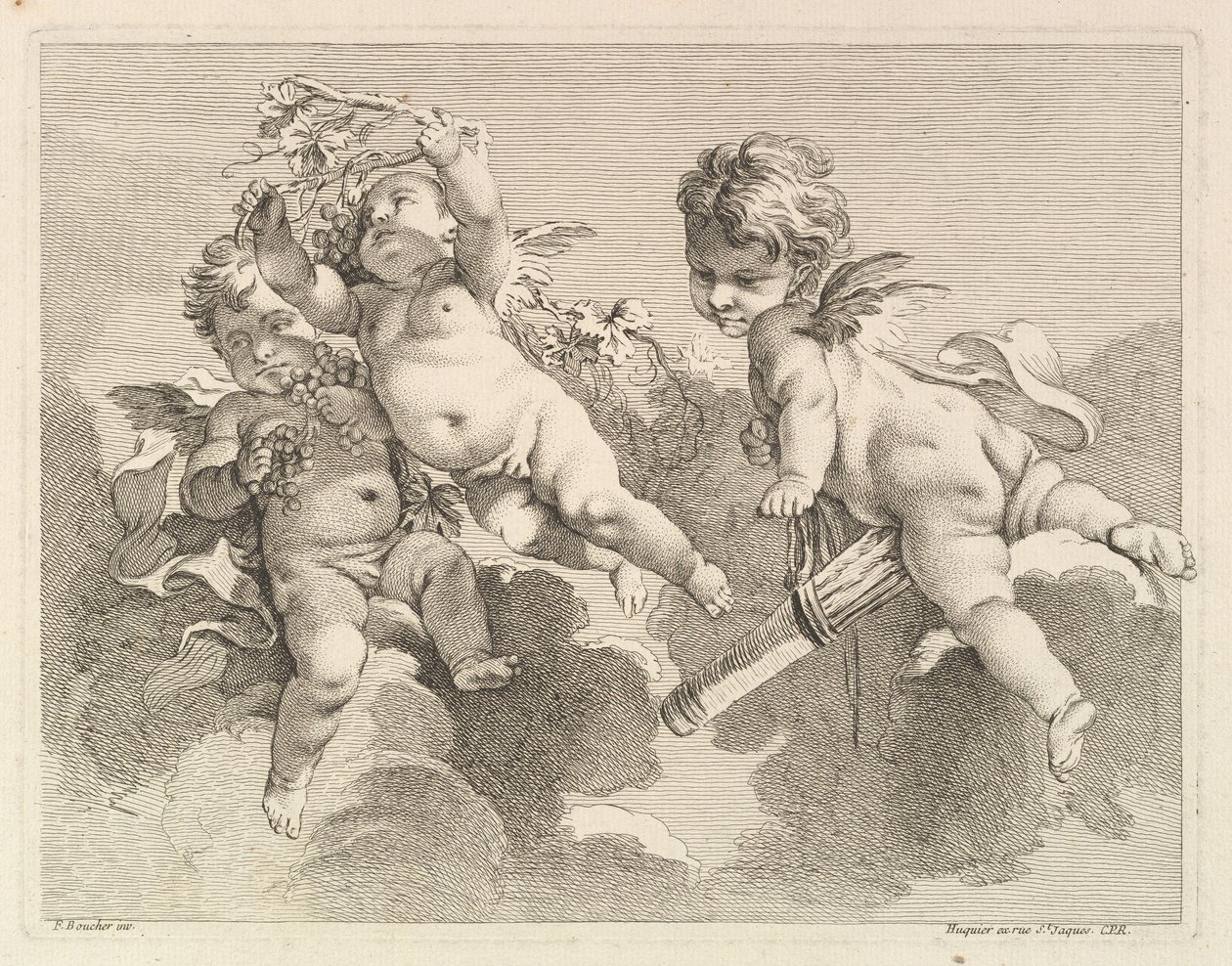 Tres amores, uno sosteniendo un carcaj, el otro, uvas de Pierre Alexandre Aveline