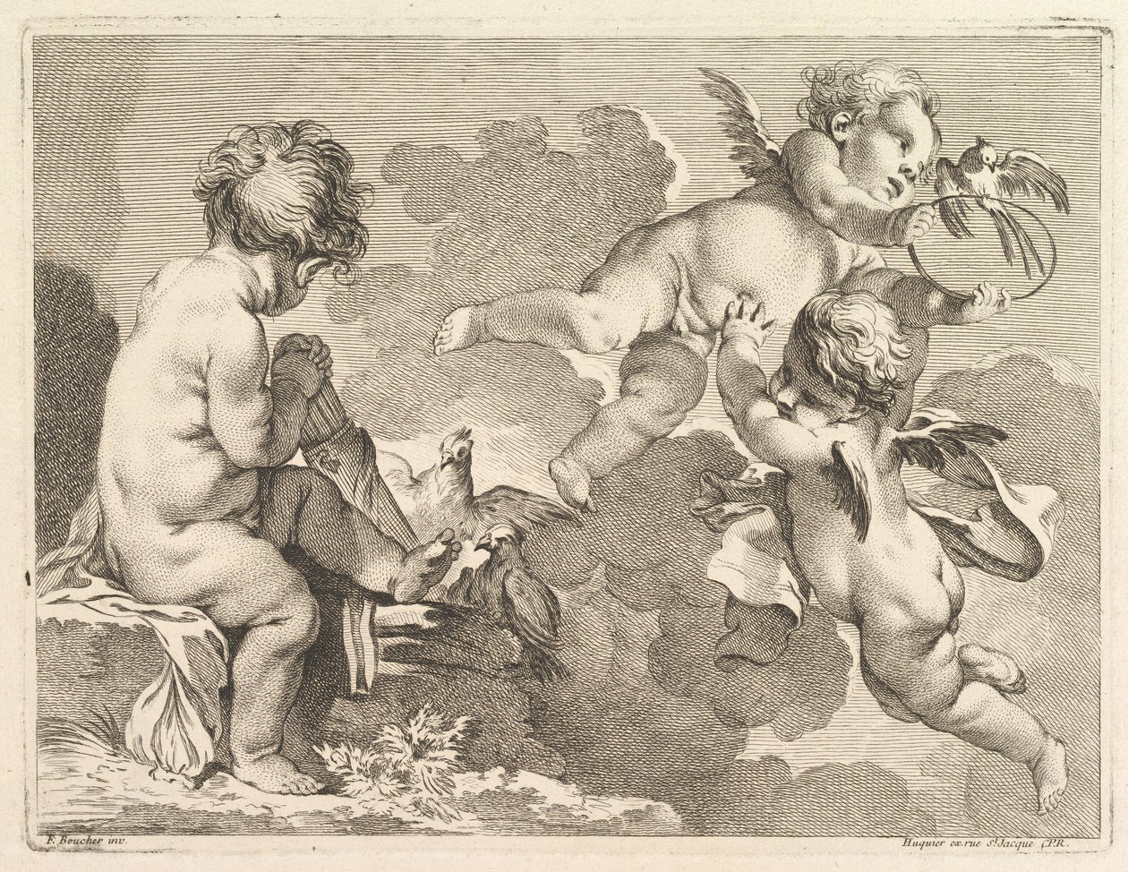 Tres Amores, uno de los cuales está sentado, sosteniendo un carcaj de Pierre Alexandre Aveline