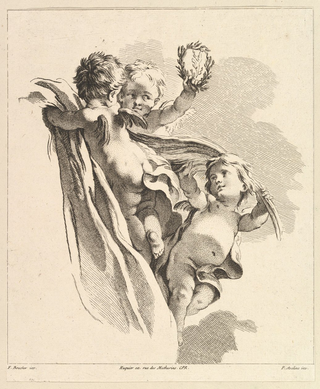 Tres Amores, uno sosteniendo una corona, del Cuarto Libro de Grupos de Niños, siglo XVIII de Pierre Alexandre Aveline