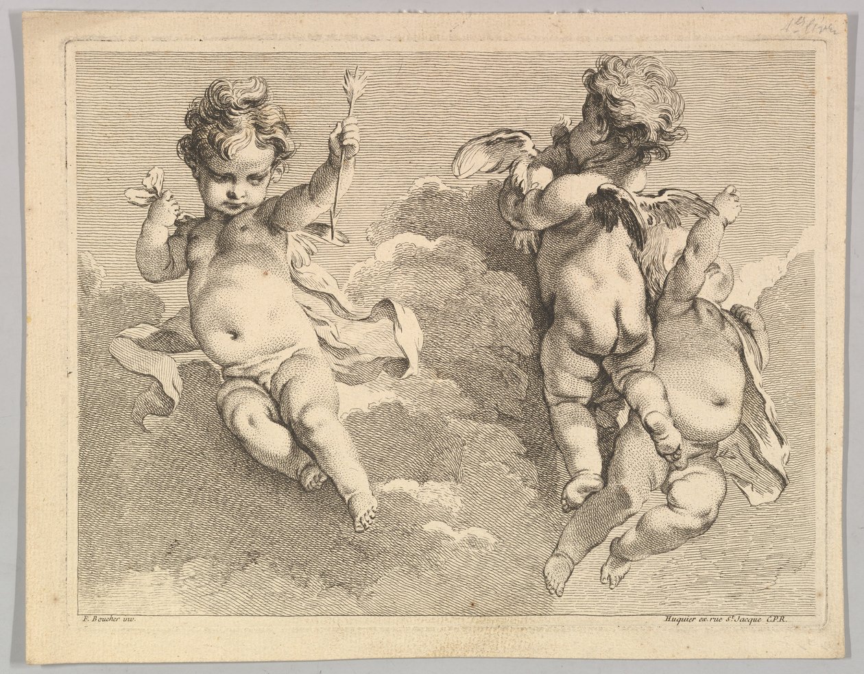Tres amores, uno de los cuales sostiene una flecha de Pierre Alexandre Aveline