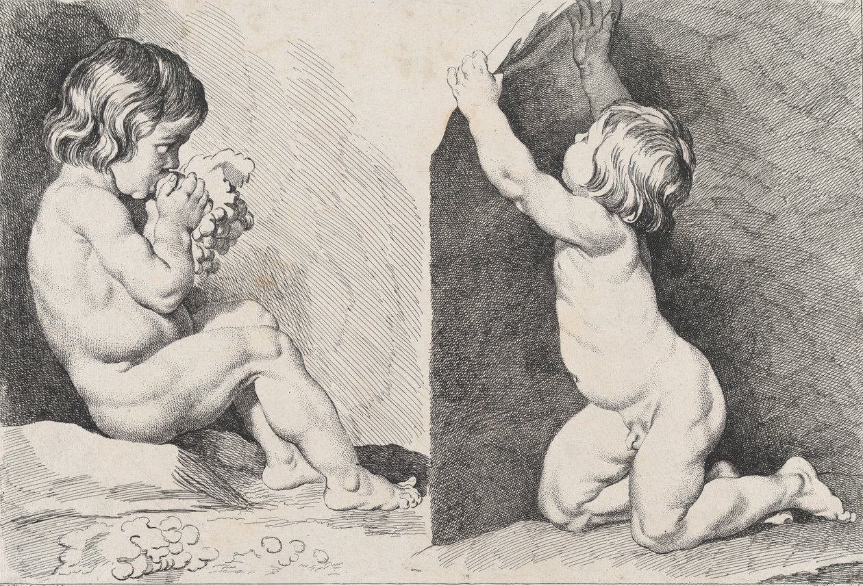 Dos niños desnudos comiendo uvas, del Nuevo Libro de Niños, 1720-60 de Pierre Alexandre Aveline
