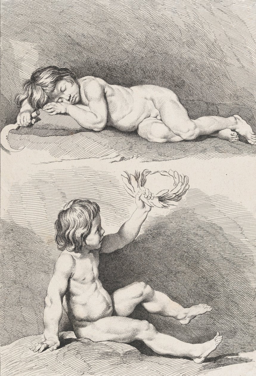 Dos niños desnudos, uno durmiendo y el otro sosteniendo una corona, del Nuevo Libro de Niños..., 1720-60 de Pierre Alexandre Aveline